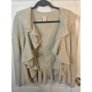 Camila Coelho Oatmeal Beige Ruffle Open Front Cardigan Ribbed Knit Sweater XS